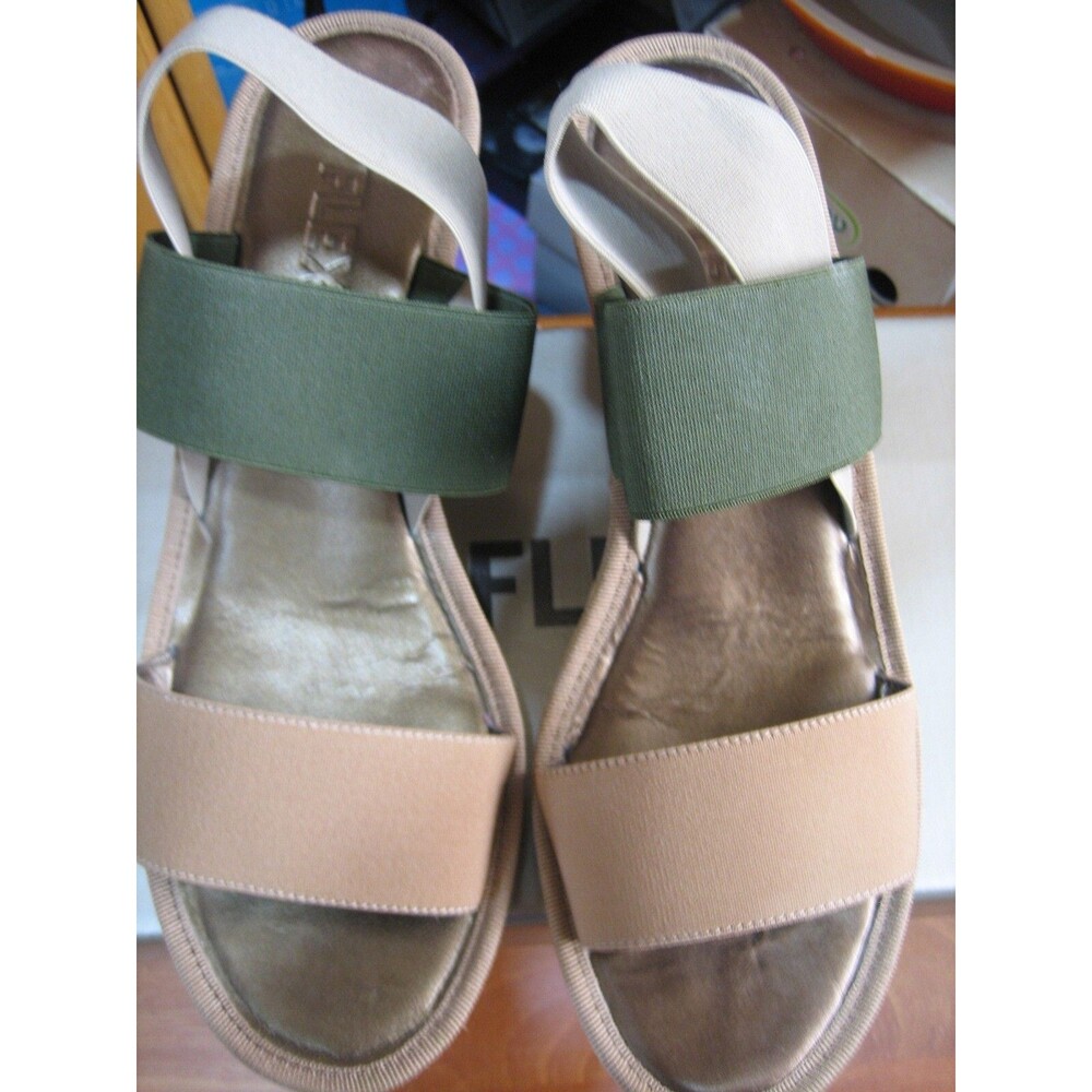 THE FLEXX ELASTIC STRAP KHAKI GREEN, BEIGE 3" SANDALS/ SHOES SIZE 8.5 M WITH BOX